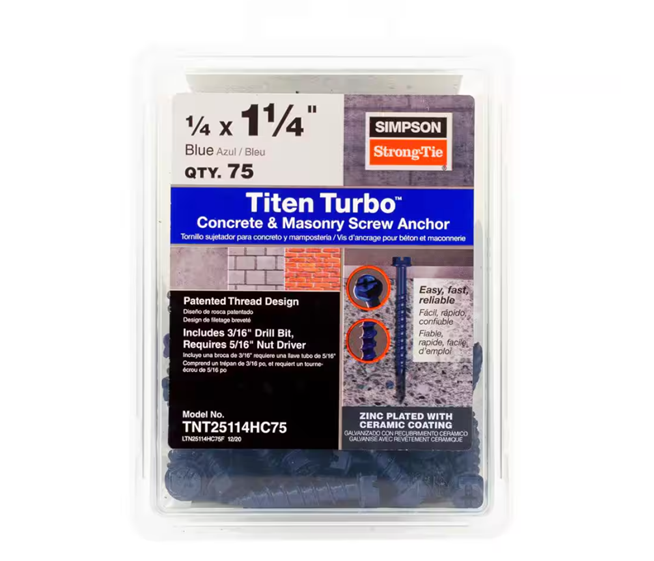 Plastic container labeled Simpson Strong-Tie Titen Turbo holds 75 blue concrete screws, size 1/4 x 1-1/4, featuring a Torque Reduction Channel and reverse thread design.