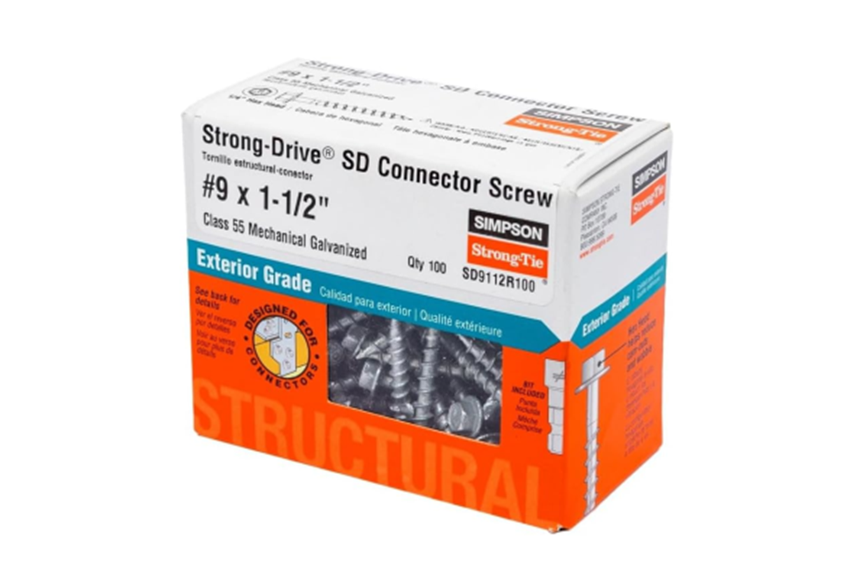 The image shows a white and orange box of #9 x 1-1/2 in. 1/4-Hex Drive, Simpson Strong-Drive Galvanized Structural Connector Screws (100-Pack) by Simpson Strong-Tie, designed for connector applications and exterior grade use.