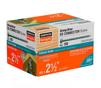 The 100-pack of Simpson Strong-Drive #9 x 2-1/2 galvanized structural connector screws features orange and white packaging, highlighting Exterior Grade, Medium Corrosion Resistance, and ASTM B695 Class 55 Coating, making them perfect for construction use.