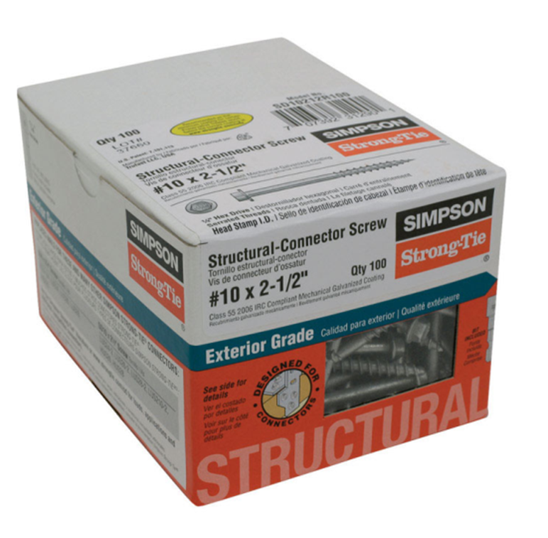 The Simpson Strong-Tie #10 x 2-1/2 in. 1/4-Hex Drive Galvanized Structural Connector Screws (100-Pack) come in orange and white packaging with product info and a DESIGNED FOR CONNECTOR seal, ideal for reliable construction needs.