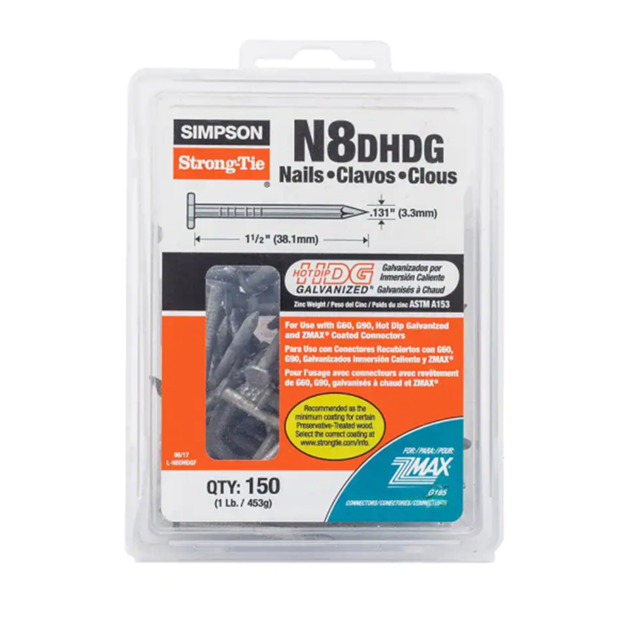 The Simpson Strong-Tie 1-1/2 in. x 0.131 in. Strong-Drive SCN Smooth-Shank nails come hot-dip galvanized and ASTM F1667 compliant, packed 150 per box, with specifications detailed in English, Spanish, and French.