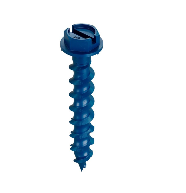 The Titen Turbo Concrete Screws by Simpson Strong-Tie, measuring 1/4 in. x 1-1/4 in., feature a blue body with a hex head and wide spiral design. The reverse thread provides secure fastening, ideal for various projects. Available in a 75-pack.