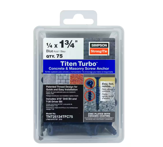 The image shows a package of Simpson Strong-Tie Titen Turbo 1/4 in. x 1-3/4 in. Flat Head Concrete Screws, Blue (75-Pack), featuring a patented reverse thread design and Torque Reduction Channel for easy installation, with a drill bit included and ceramic-coated screws.