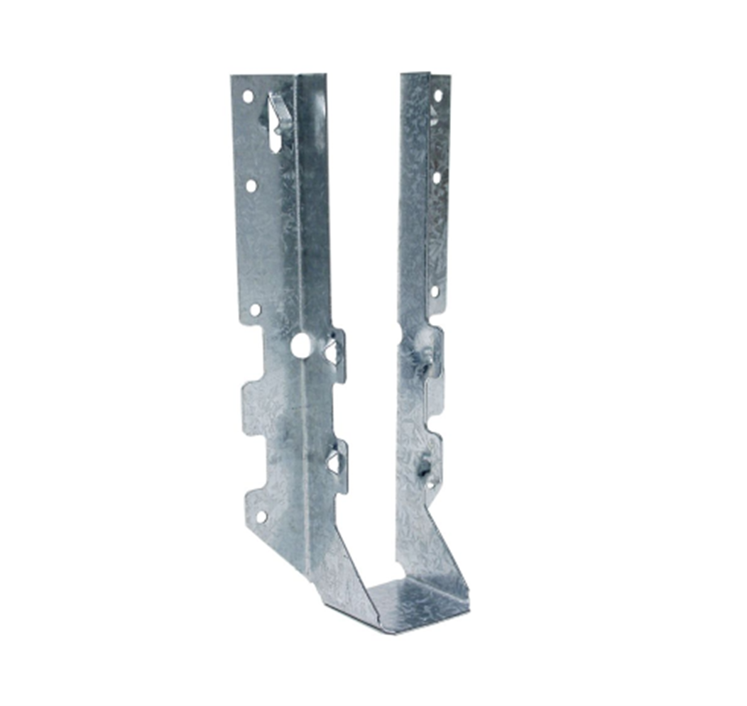 The Simpson LUS ZMAX Galvanized Double Shear Face Mount Joist Hanger for 2x10 Lumber by Simpson Strong-Tie features a U-shaped design with ZMAX galvanization, pre-drilled holes for securing wooden beams, and a textured industrial finish, providing optimal structural support in construction projects.