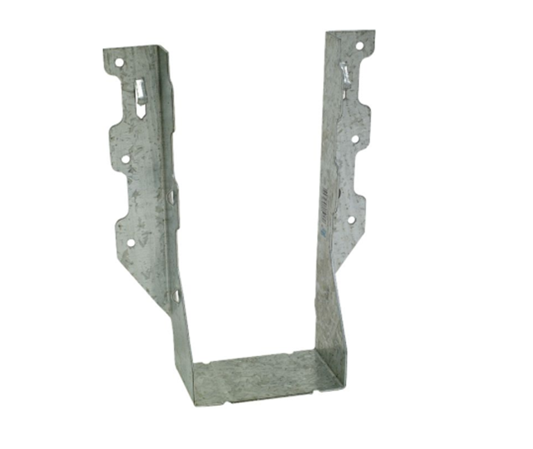 The Simpson Strong-Tie LUS ZMAX Galvanized Double Shear Face Mount Joist Hanger for Double 2x8 Lumber features a U-shaped design with pre-drilled holes and a silver-gray finish, ideal for supporting wooden beams in construction projects.