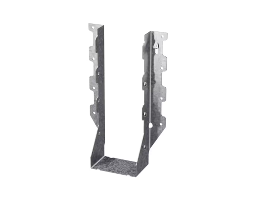 The Simpson Strong-Tie LUS ZMAX Galvanized Double Shear Face Mount Joist Hanger is designed for double 2x10 lumber, featuring a U-shaped design and perforated sides for easy fastening. Its ZMAX Galvanization enhances support and durability, while the textured gray surface adds extra strength.