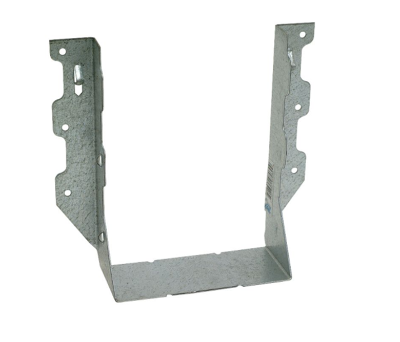 The Simpson LUS ZMAX Galvanized Double Shear Face Mount Joist Hanger for Triple 2x8 Lumber is a U-shaped metal bracket with a flat base and two vertical sides, featuring multiple fastening holes. Its textured ZMAX galvanized finish aligns with Simpson Strong-Ties standards for durable construction support.