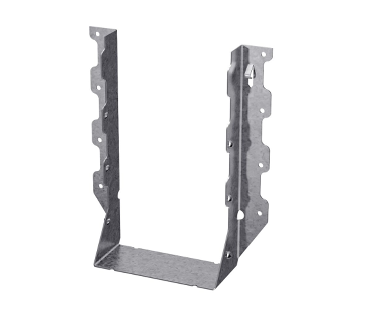 The Simpson Strong-Tie LUS ZMAX Galvanized Double Shear Face Mount Joist Hanger for Triple 2x10 Lumber features a U-shaped design, multiple holes, and angled edges for structural support or framing in construction or woodworking, with a durable ZMAX galvanized finish.