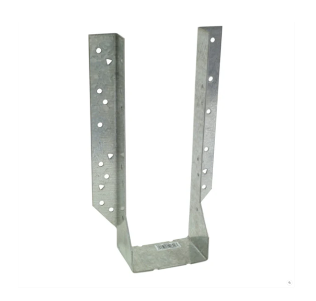 The Simpson Strong-Tie Simpson HU Galvanized Heavy Face-Mount Joist Hanger for 4x12 Lumber is a load-rated, metal, U-shaped hanger with multiple nail holes on each side. Ideal for securing wooden beams or joists in masonry and concrete settings, its robust design is shown upright on a plain white background.