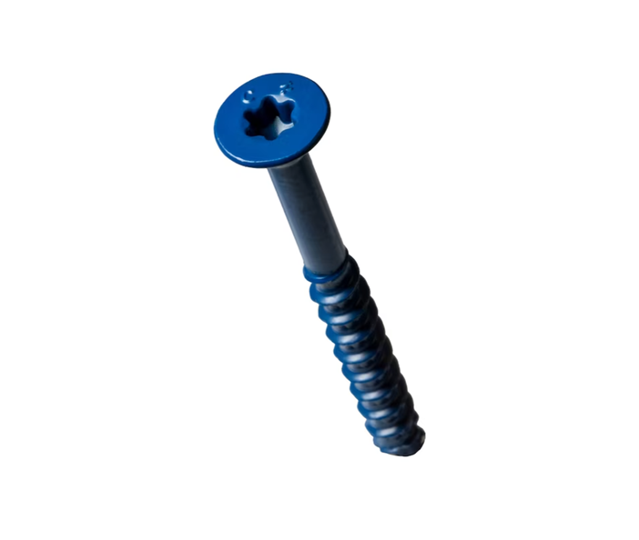 A blue Titen Turbo 1/4 in. x 1-3/4 in. flat head Simpson Strong-Tie concrete screw with coarse and reverse threads is positioned on a white background.