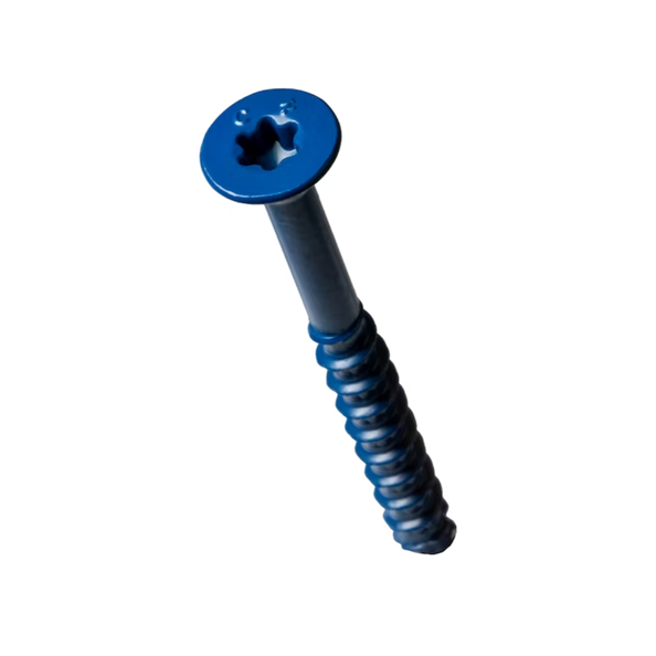 A blue Titen Turbo 1/4 in. x 1-3/4 in. flat head Simpson Strong-Tie concrete screw with coarse and reverse threads is positioned on a white background.