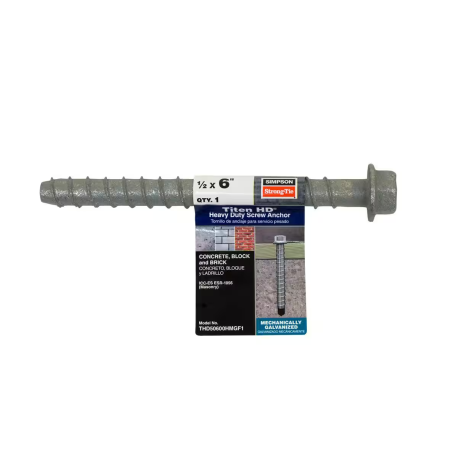 Image of a Simpson Titen HD 1/2 in. x 6 in. concrete screw anchor by Simpson Strong-Tie, featuring a metallic, mechanically galvanized finish, hex head, and ridged shaft. Packaged on a card detailing its suitability for anchoring in concrete, block, and brick.