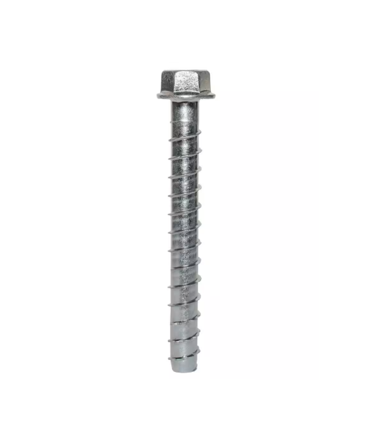 A Simpson Strong-Tie Titen HD 5/8 in. x 6 in. mechanically galvanized heavy-duty concrete screw anchor with a hex head and spiraled threads stands vertically against a plain white background.