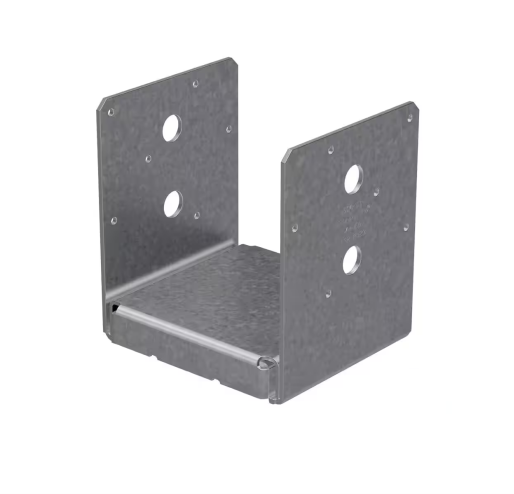 The Simpson Strong-Tie ABU ZMAX Galvanized Adjustable Standoff Post Base for 6x6 Lumber is a U-shaped metal bracket with multiple circular mounting holes on each side, designed for optimal uplift performance and corrosion resistance, set against a white background.