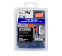 Simpson Strong-Ties Titen Turbo 1/4 in. x 1-3/4 in. Hex Head Concrete Screws, Blue (75-Pack) features a reverse thread design for better performance, with packaging that includes product info and images.