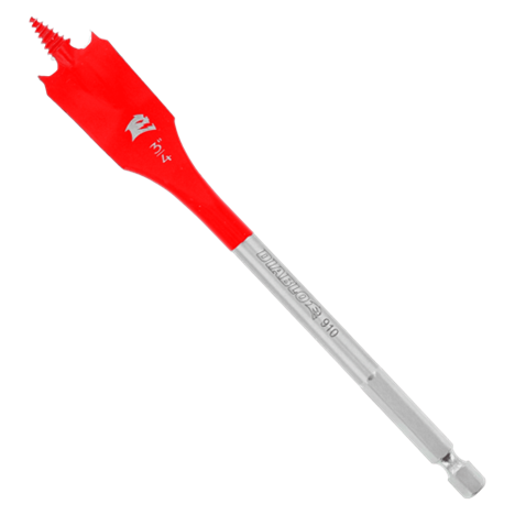 The DIABLO DSP2090-P2 3/4 in. x 6 in. Spade Bits for Wood feature a SPEED-TIP™ design with a pointed tip and flat, wide blade. With a metallic cylindrical shaft labeled red, these Diablo bits are Impact Strong™, perfect for woodworking or drilling soft materials.