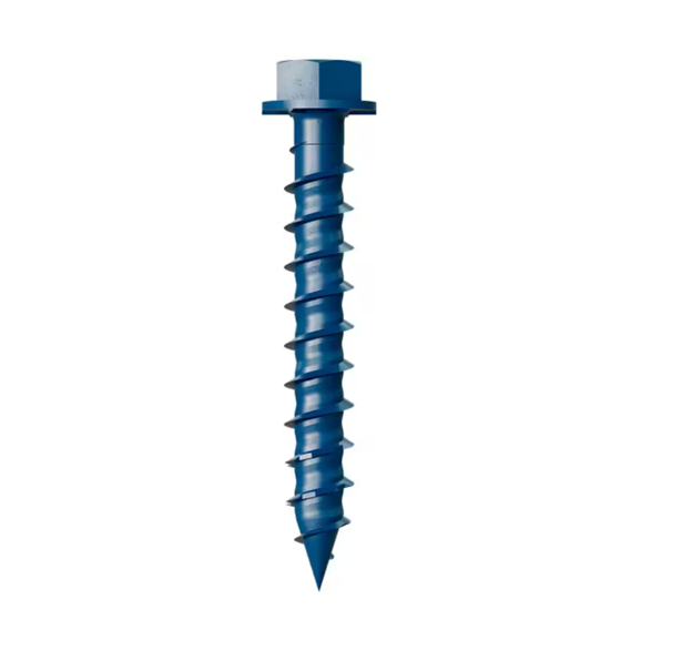 The Titen Turbo 3/16 in. x 1-3/4 in. Hex Head Simpson Concrete Screws by Simpson Strong-Tie features a blue hexagonal head, pointed end, spiral thread with a torque reduction channel for easy fastening, and reverse thread design for secure attachment, all highlighted against a white background.