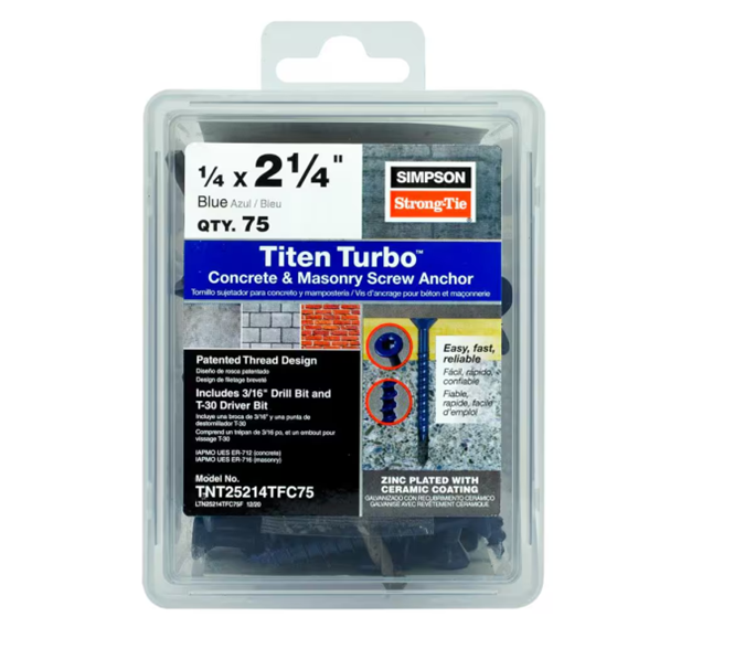 Image of a 75-pack of Simpson Strong-Tie Titen Turbo 1/4 in. x 2-1/4 in. flat head blue concrete screws with reverse thread design and Torque Reduction Channel, including a drill bit and driver bit. Model: TNT25214TFC75.