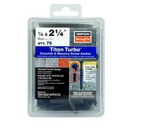 Image of a 75-pack of Simpson Strong-Tie Titen Turbo 1/4 in. x 2-1/4 in. flat head blue concrete screws with reverse thread design and Torque Reduction Channel, including a drill bit and driver bit. Model: TNT25214TFC75.