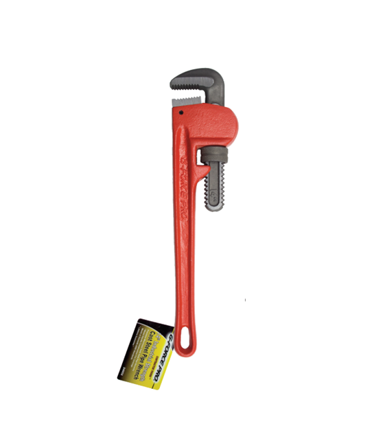 The G-FORCE 24050, an 8-inch steel pipe wrench by G FORCE, features an I-beam handle and precision teeth for a secure grip on pipes. It has a metal jaw with a brand tag attached to the handle, displaying text and a barcode. The red adjustable tool stands vertically against a white background.