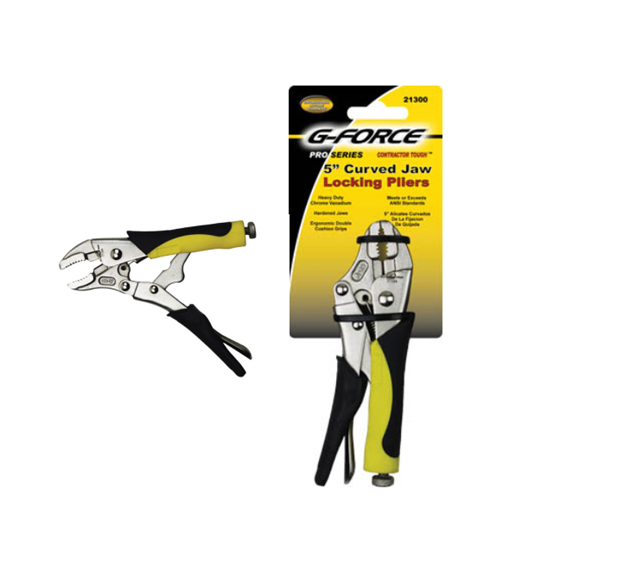 The G-FORCE 21300 5 curved jaw locking pliers boast durable chrome vanadium steel and ergonomic black and yellow grips. Displayed both in and out of their packaging, the box features matching yellow and black product details.