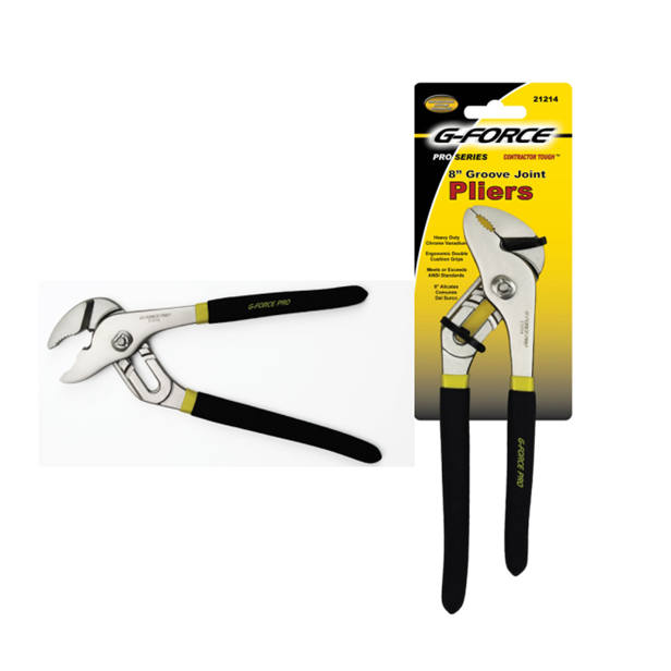 Image of G FORCE 8 in. Groove Joint Pliers with black Ergo Grip handles and yellow accents, made from durable chrome vanadium steel. These pliers provide a comfortable grip, shown both in packaging and individually.