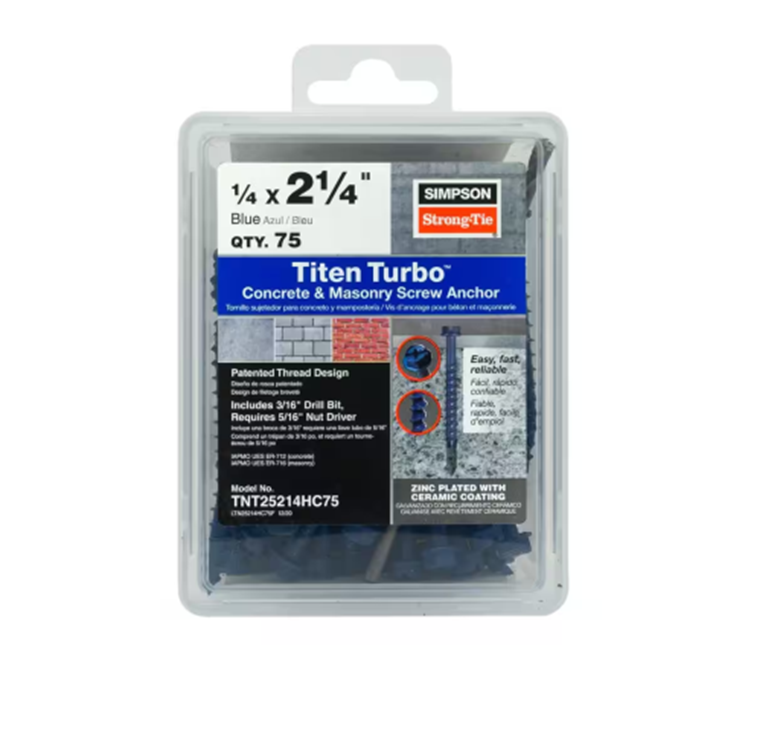 The packaging for Simpson Strong-Tie's Titen Turbo 1/4 in. x 2-1/4 in. Hex Head Concrete Screws (75-Pack) contains 75 blue screws, each featuring a Torque Reduction Channel for efficient installation. Instructions and tool requirements are provided on the front of the package.