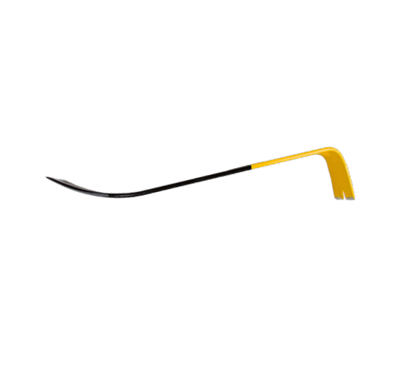 The G FORCE G-FORCE 52116 Flat Pry Bar is a yellow and black 15 in. tool made of high carbon steel, featuring a curved end with a sharp edge and beveled nail slot on the flat, hooked end for efficient prying.