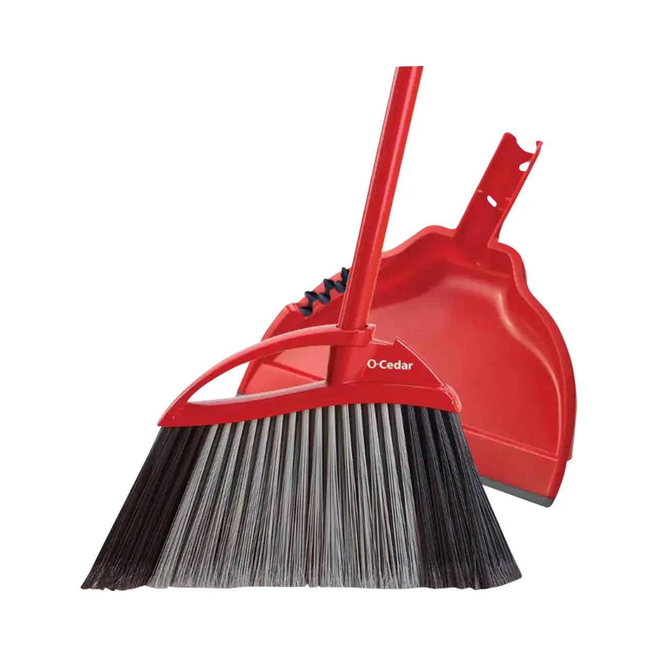 The PowerCorner MAX Extra Large Broom with Dustpan by Go Build features a red broom with flare-tip bristles, black and gray accents, and a storage hook on its handle. Paired with a lockable red dustpan, the set rests against a white background.