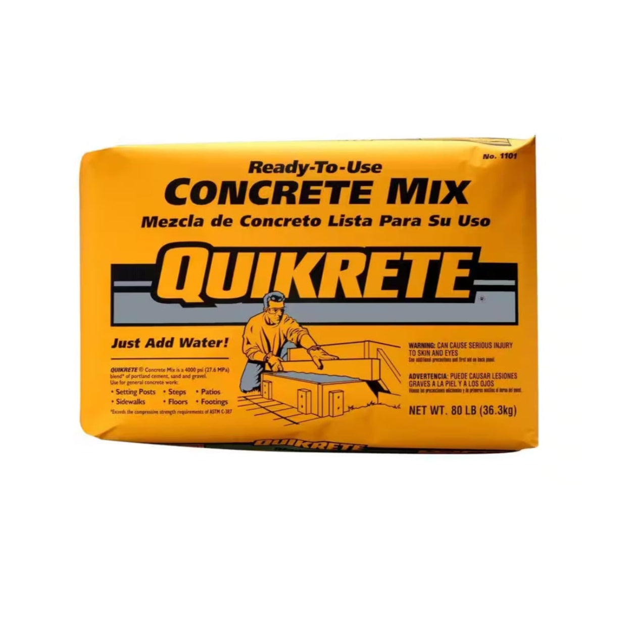 An 80 lb. yellow QUIKRETE Concrete Mix bag rests against a white backdrop. The label reads Ready-to-Use Concrete Mix with directions to Just Add Water, ideal for foundation repairs.