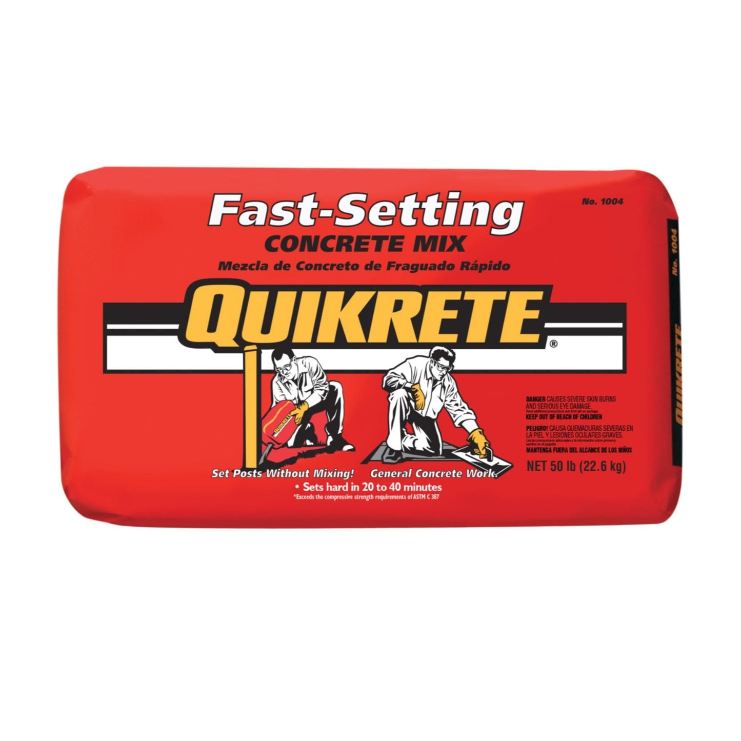 A red 50lb bag of QUIKRETE 100450 Fast-Setting Concrete Mix, with a rapid-set and high-strength formula, displays workers mixing concrete on its front.