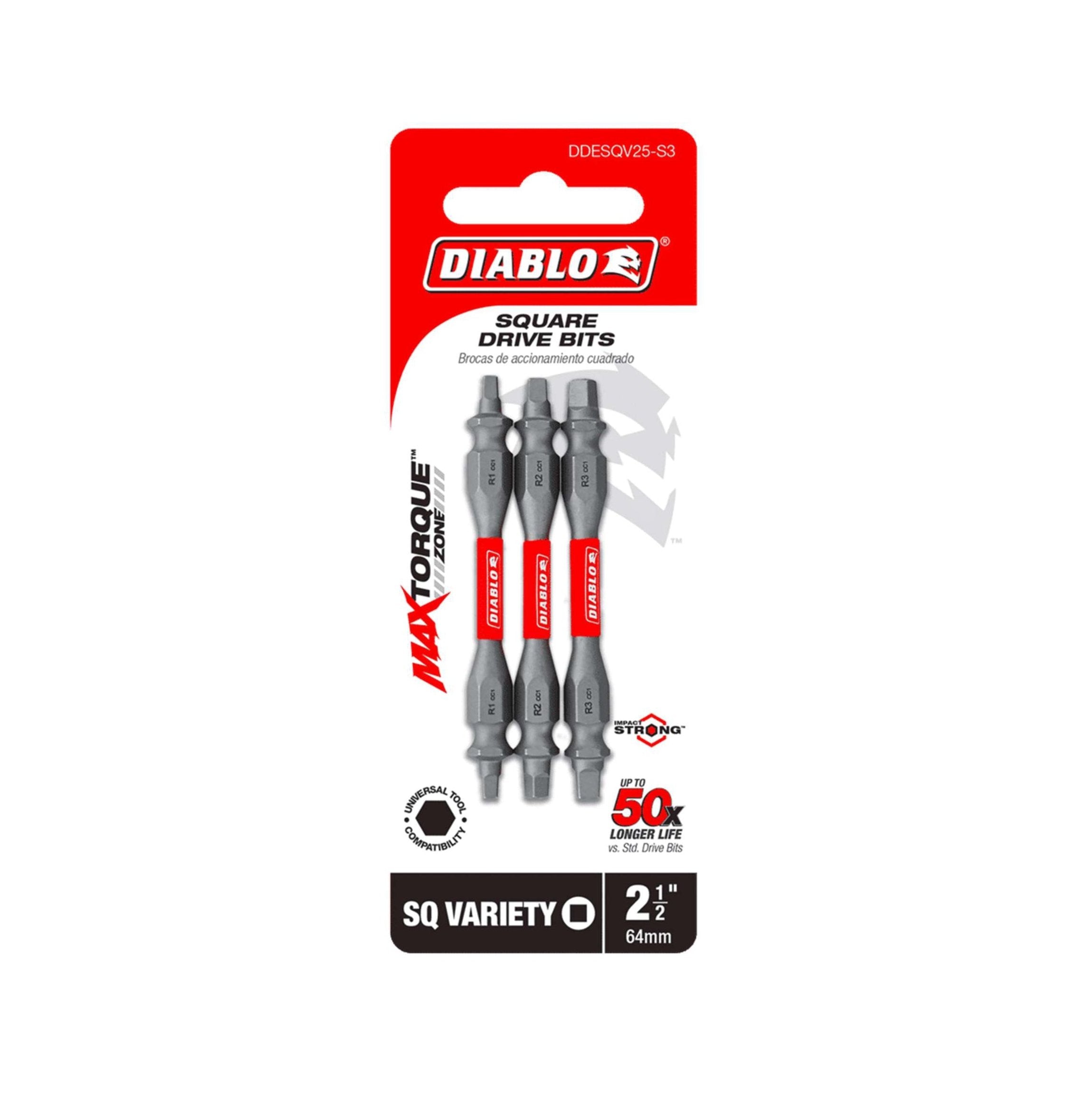 The Diablo DDESQV25-S3 packaging sports a bold red and white card, revealing three 2-1/2-inch double-ended square drive bits. The clear front emphasizes SQ Variety, Synerge, and boasts the Impact Strong™ design for 50X Longer Life.