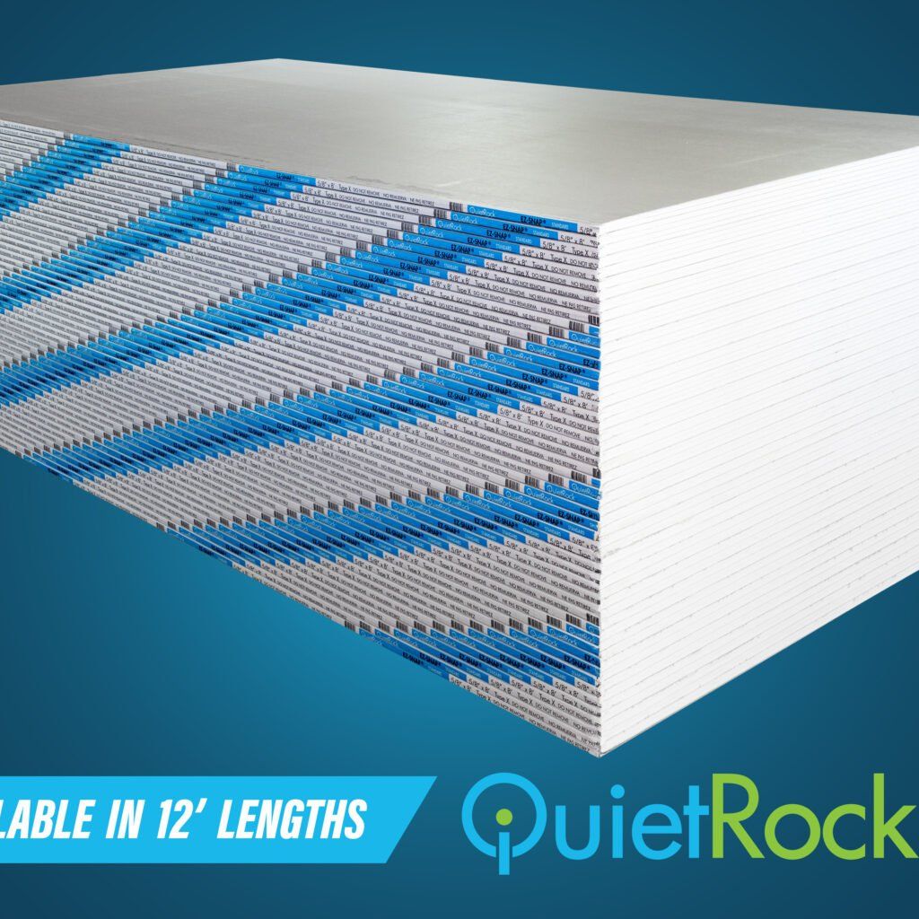 A stack of 5/8 in. x 4 ft. x 8 ft. QuietRock ES sound-reducing drywall panels is displayed against a blue background. The image reads NOW AVAILABLE IN 12 LENGTHS, with the QuietRock logo at the lower right, emphasizing excellent sound reduction capabilities.