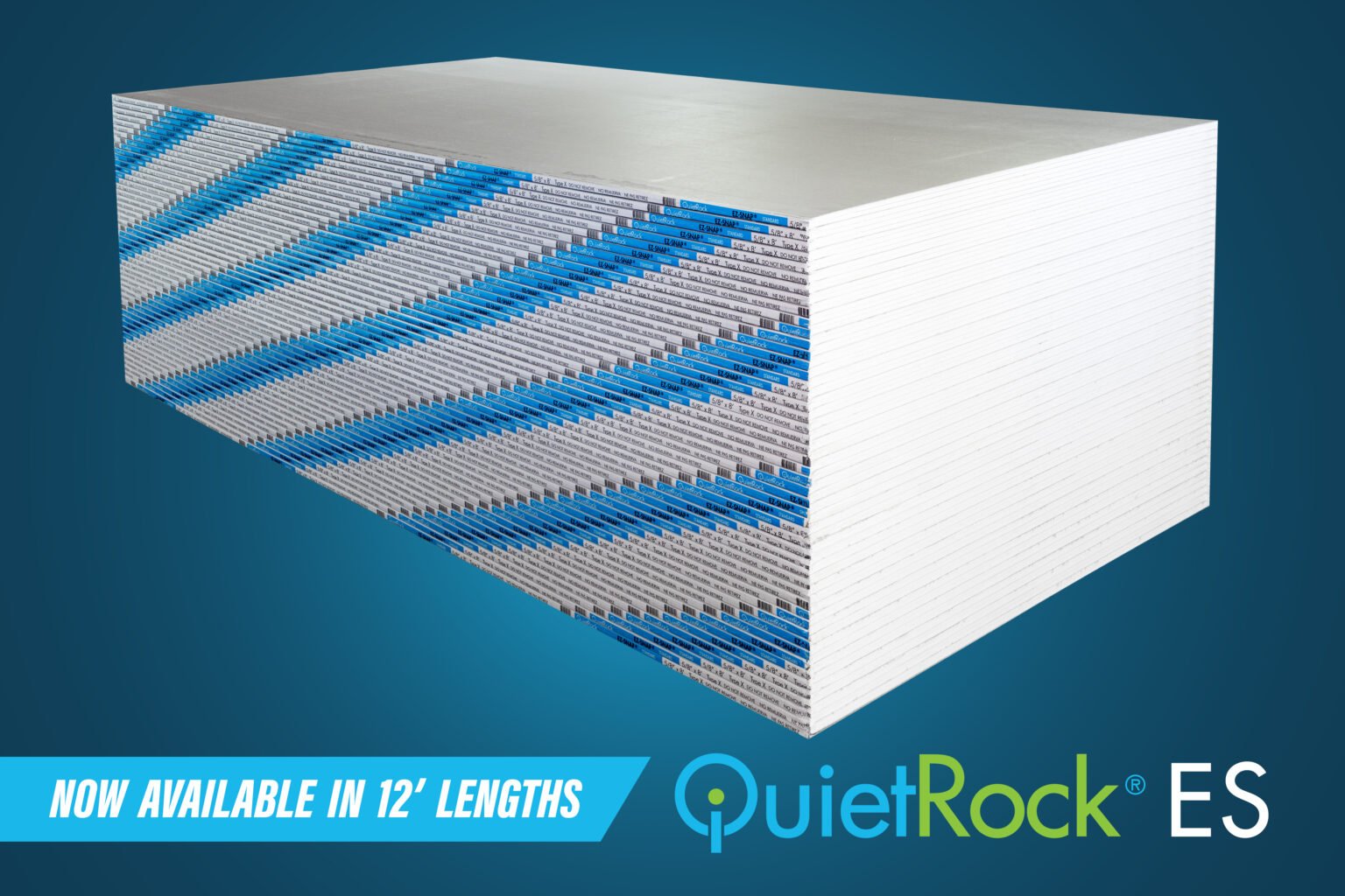 A stack of 5/8 in. x 4 ft. x 8 ft. QuietRock ES sound-reducing drywall panels is displayed against a blue background. The image reads NOW AVAILABLE IN 12 LENGTHS, with the QuietRock logo at the lower right, emphasizing excellent sound reduction capabilities.