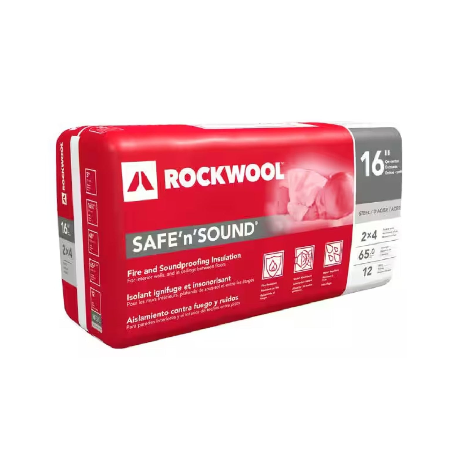 The image depicts a red package of ROCKWOOL Safe n Sound, a 3 in. x 16-1/4 in. x 48 in. stone wool insulation batt by Rockwool, offering soundproofing and fire resistance over 65 sq.ft., with packaging showcasing its sound absorbency features and various applications.