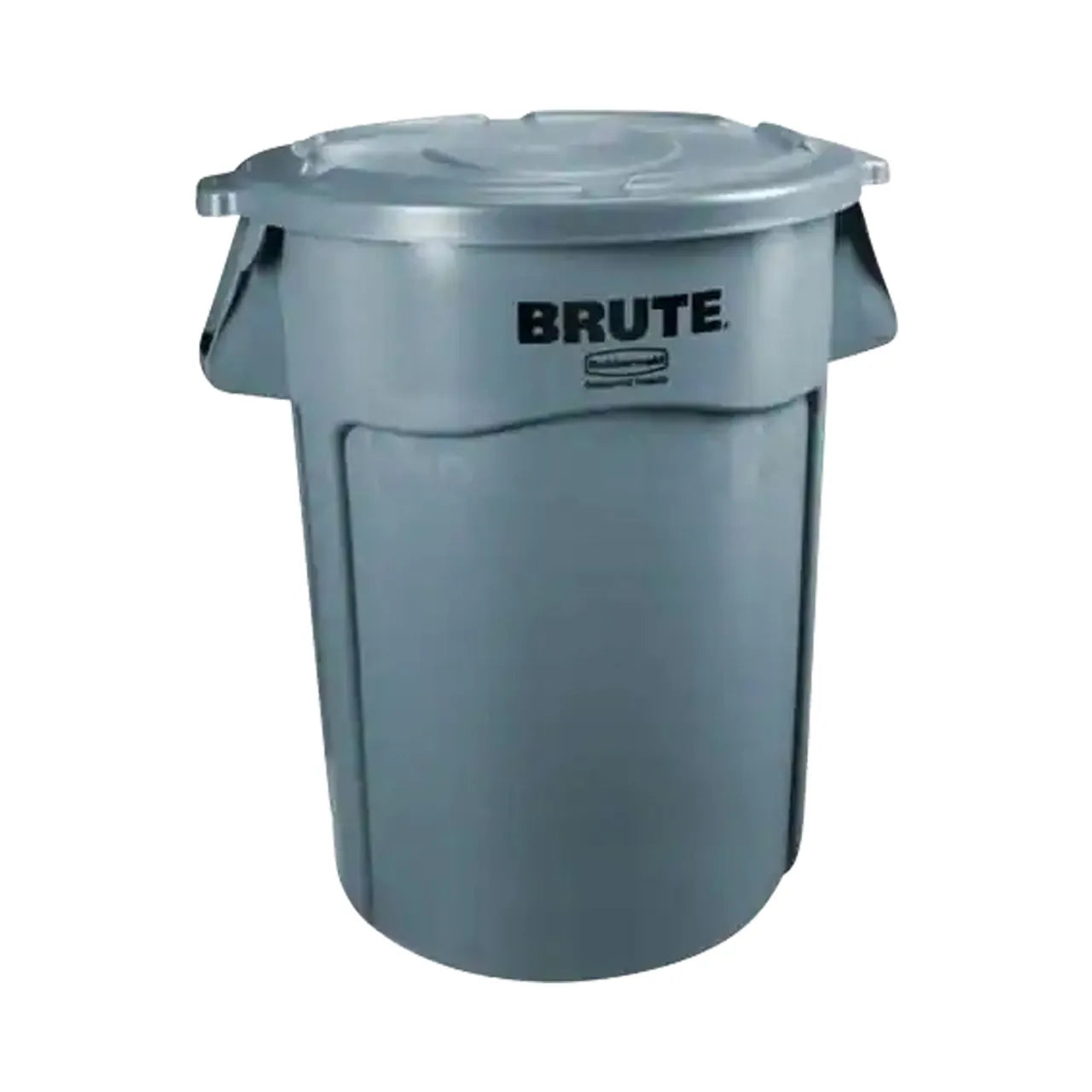 A gray, 32-gallon vented trash can with a round lid is displayed. BRUTE is boldly printed on the front. Made by Go Build, it has side handles and a plain surface, perfect for tough commercial settings.