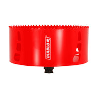 The DIABLO DHS6000, a 6 in. x 2-3/8 in. high-performance hole saw by Diablo, features a red circular design with jagged teeth on top, a variable tooth structure for faster cuts, ventilation slots, and a black attachment point at the base with Diablo in white on its side.