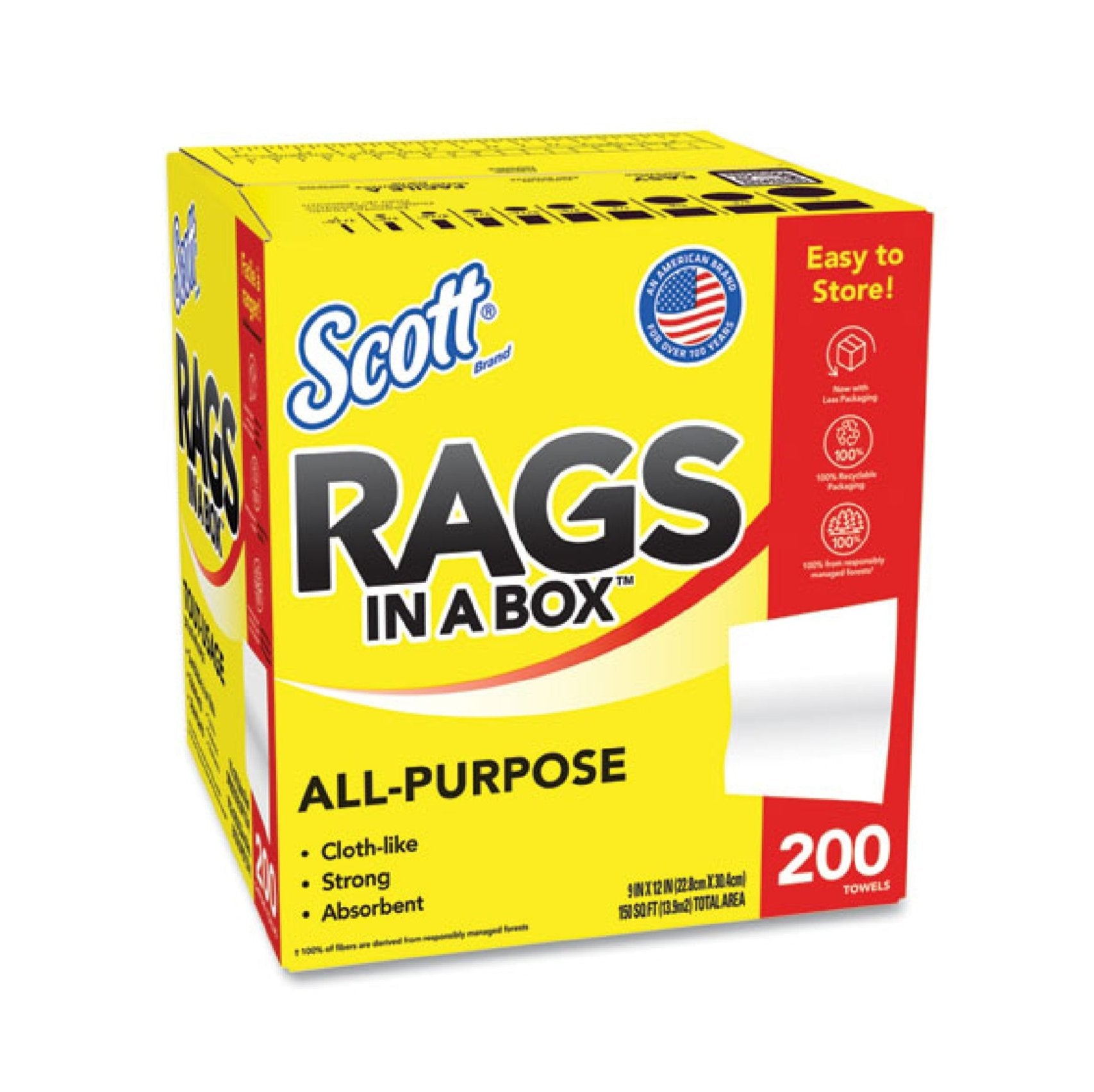 The SCOTT 75260 Rags In A Box (200-Pack) by Scott features strong, cloth-like, sponge-like absorbency in a bright yellow box with red accents. The pop-up design and Easy to Store! text accompany an American flag logo, with an image showing a partially pulled rag for convenience.