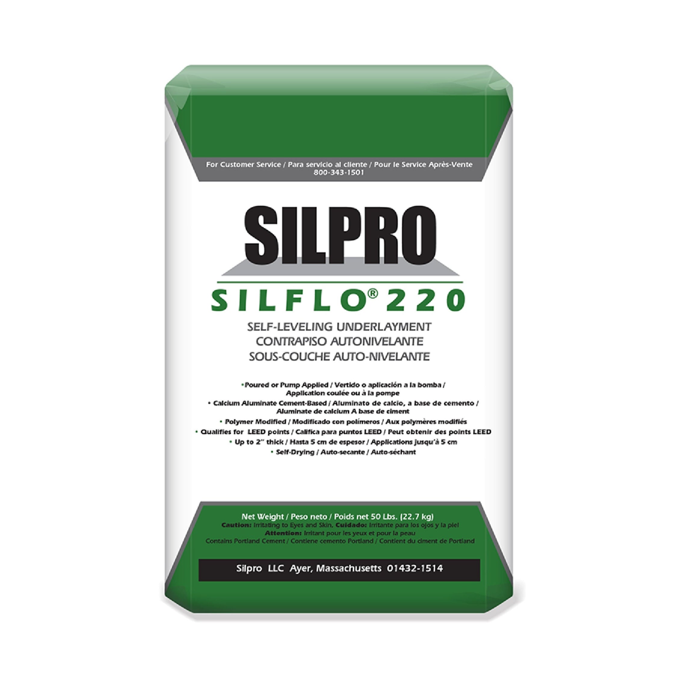 Bag of SILPRO SIL.22050, a 50 lb polymer-modified self-leveling underlayment. The green and white packaging features English and French details, with Silpro LLCs contact info from Ayer, Massachusetts, at the bottom.