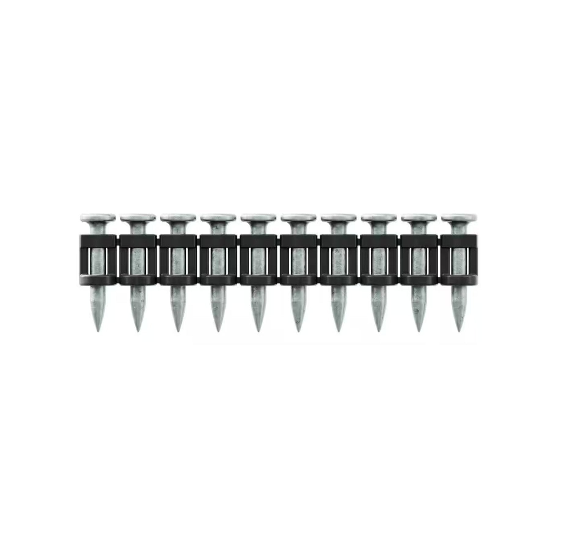 A row of SIMPSON STRONG-TIE GDPS-75KT 3/4 in. Step Shank Concrete Pins is connected by a black plastic strip, with the pins evenly spaced and aligned vertically, featuring pointed ends facing downwards and round, flat heads. The brand is Simpson Strong-Tie.