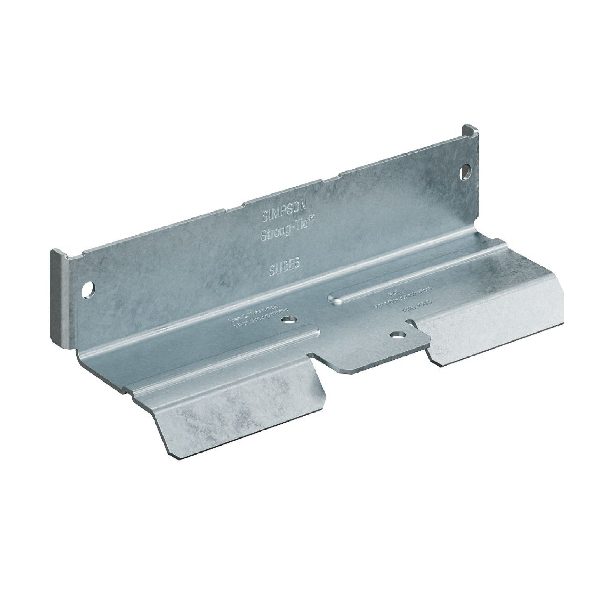 The SIMPSON STRONG-TIE SUBE6-R50 6 in. End Bridging Connector Clip, produced by Simpson Strong-Tie, is a galvanized steel bracket complete with pre-drilled holes designed for structural support and wall-stud bridging connector applications. This slightly reflective metal piece includes engraved text on its surface and features flat sections with folded edges to enhance stability. Available in a convenient 50-pack.