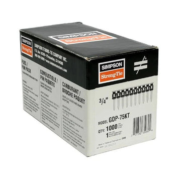 Package of SIMPSON STRONG-TIE GDPS-75KT 3/4 in. Step Shank Concrete Pins with a count of 1000, featuring the Simpson Strong-Tie logo, product details, and a convenient compartment for the included fuel cell.