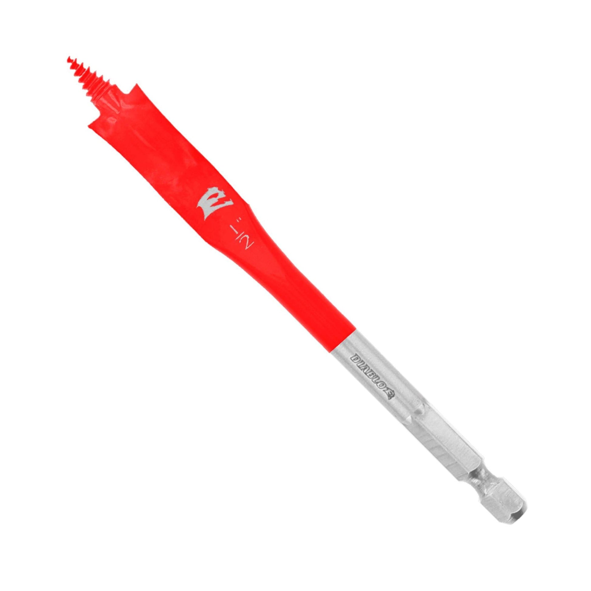 A close-up of the Diablo DIABLO DSP1020 1/2 in. x 4 in. Spade Bit for Wood shows a red bit with hex shank, SPEED-TIP™ feature, and Impact Strong™ construction for durability. The shaft has the company logo and numbered markings.