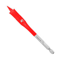 A close-up of the Diablo DIABLO DSP1020 1/2 in. x 4 in. Spade Bit for Wood shows a red bit with hex shank, SPEED-TIP™ feature, and Impact Strong™ construction for durability. The shaft has the company logo and numbered markings.