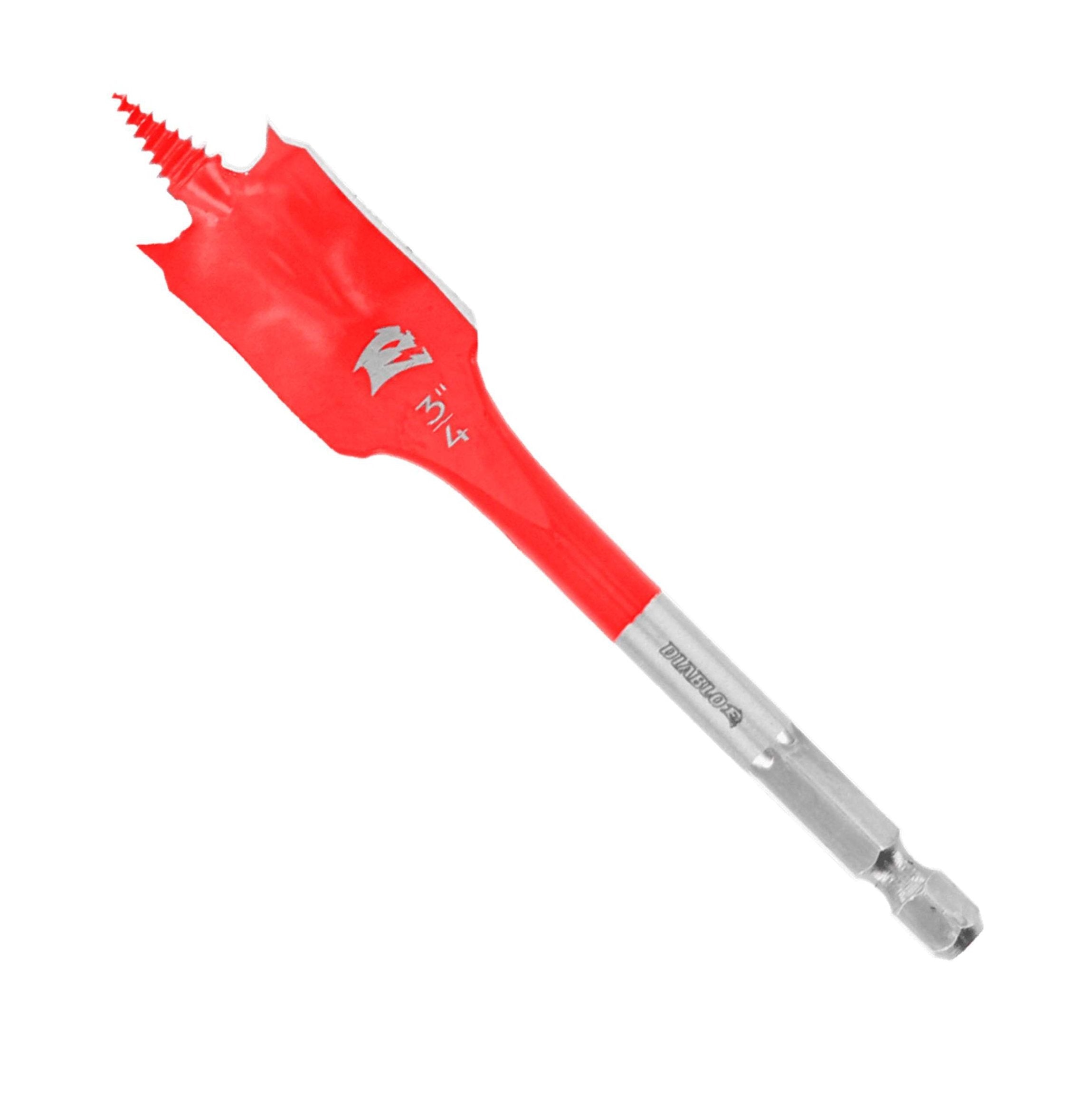 The DIABLO DSP1040 3/4 in. x 4 in. Spade Bit for Wood by Diablo features a red and silver design with a SPEED-TIP™ pointed tip, jagged edges, hexagonal shank for secure drills grip, and Impact Strong™ construction for durability and high performance.