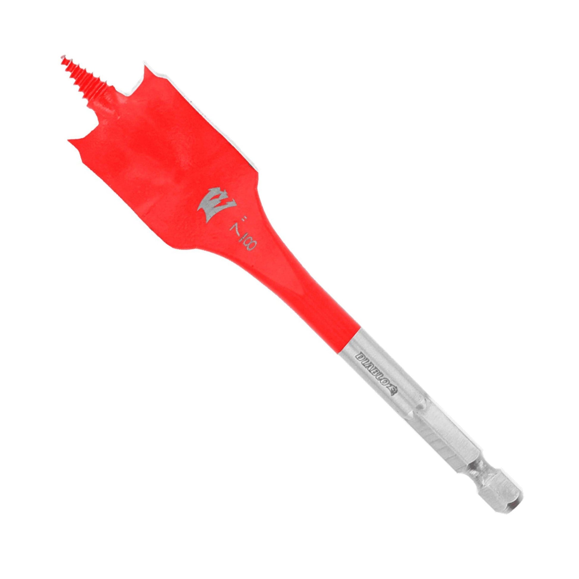 The Diablo DIABLO DSP1050 7/8 in. x 4 in. Spade Bit for Wood is a red drill bit with a hex shank, SPEED-TIP™ pointed tip, and flat blade with sharp edges. It features an Impact Strong™ metallic finish on the shank and a marked logo, ideal for precise wood holes.