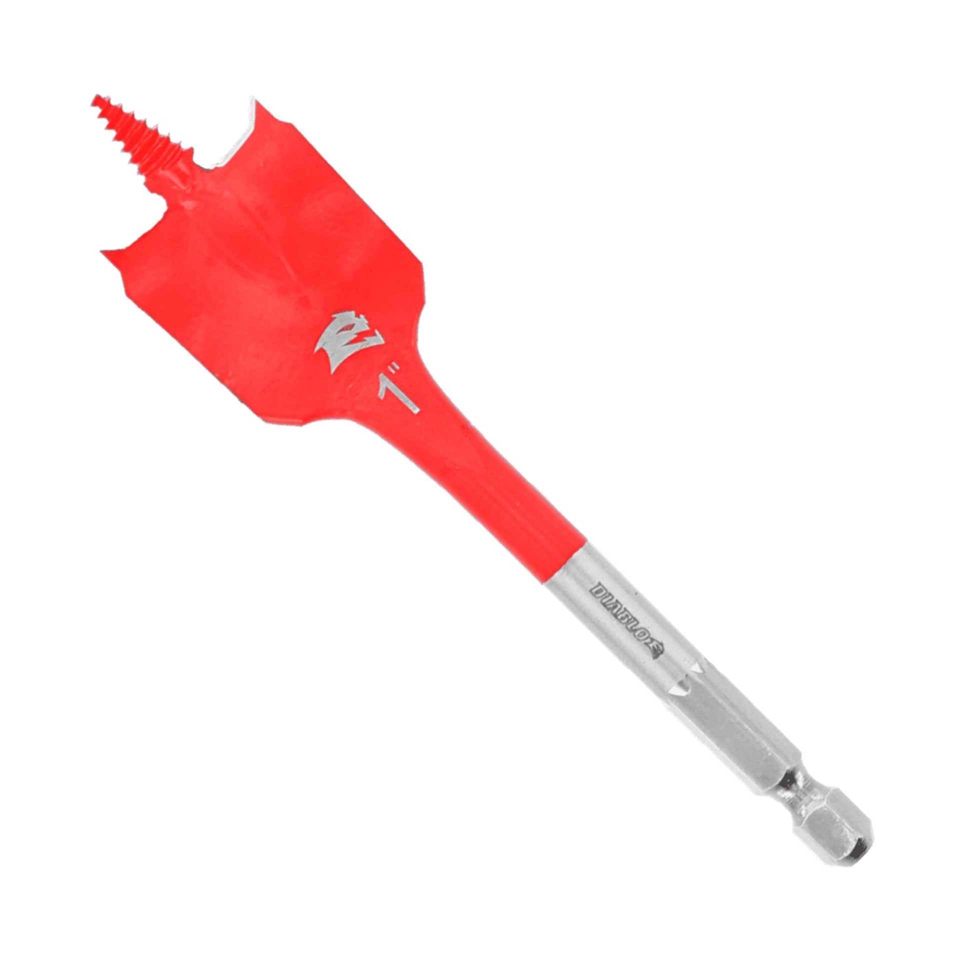 The Diablo DSP1060 1 in. x 4 in. Spade Bit for Wood features a red bit with a silver shank, engraved measurement, and SPEED-TIP™ design for precision. The threaded tip enhances accuracy, and Impact Strong™ construction ensures durability.