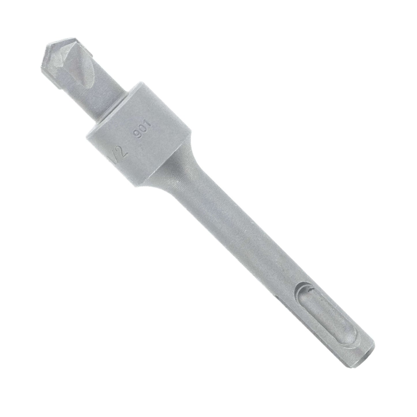 The DIABLO DMAST1020 by Diablo, a 1/2 in. x 13/16 in. SDS-Plus 2-Cutter Carbide-Tipped Hammer Stop Bit, is showcased diagonally on a white background. Its silver finish and hex shank highlight its precision and durability for drilling tough materials.