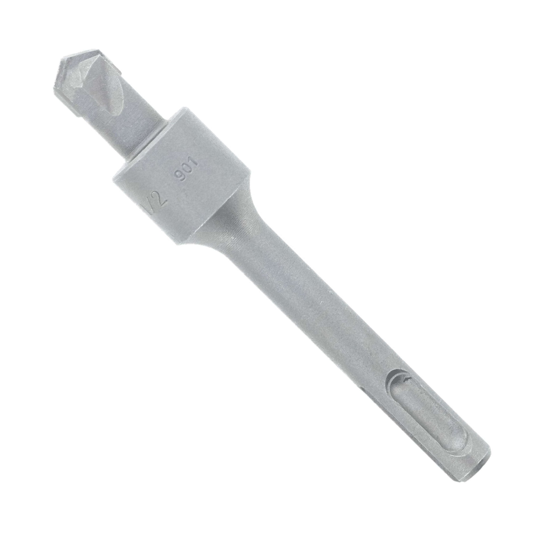 The DIABLO DMAST1020 by Diablo, a 1/2 in. x 13/16 in. SDS-Plus 2-Cutter Carbide-Tipped Hammer Stop Bit, is showcased diagonally on a white background. Its silver finish and hex shank highlight its precision and durability for drilling tough materials.