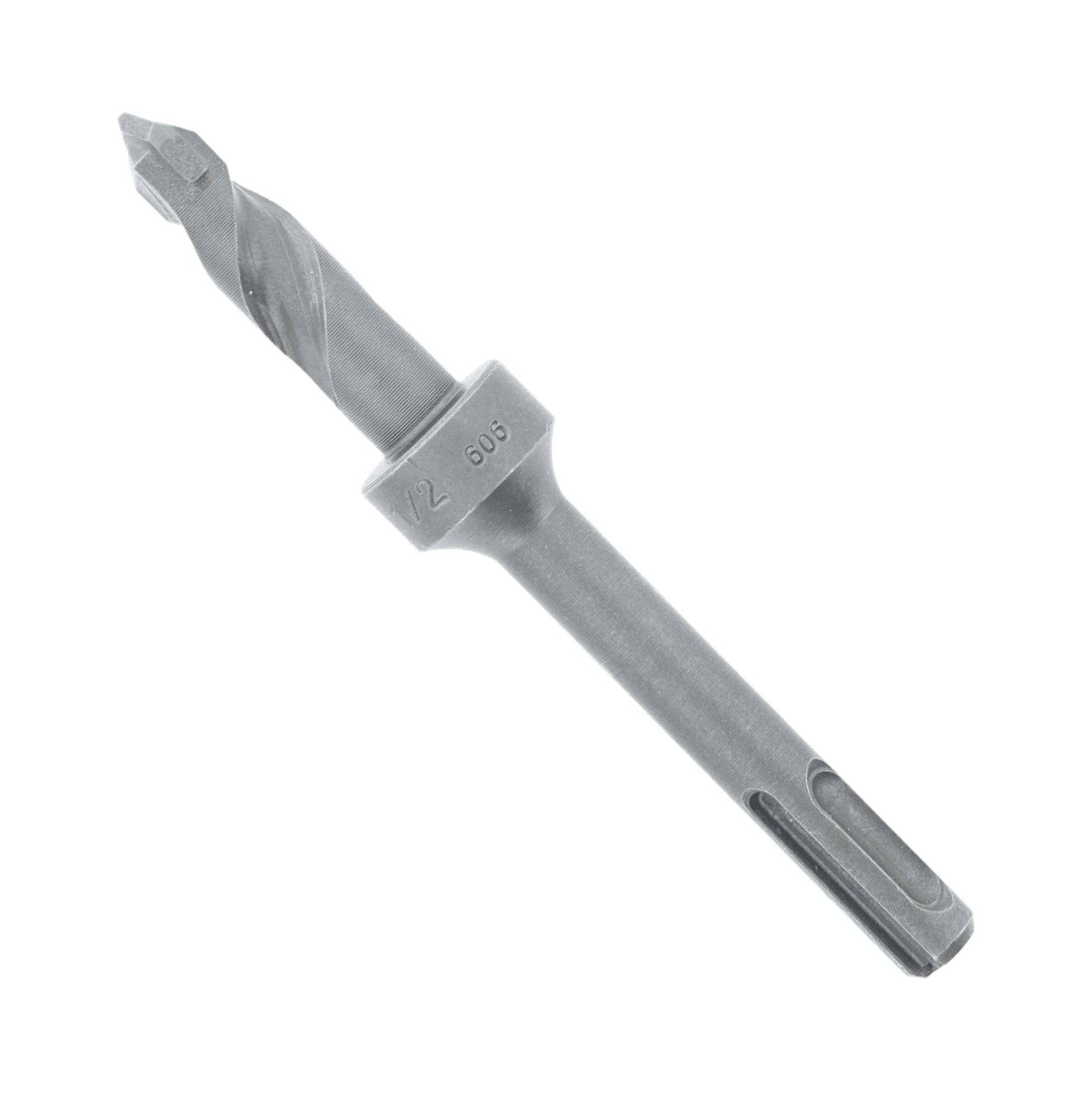 Close-up of DIABLO DMAST1030 shows a gray, carbide-tipped, spiral drill bit with a cylindrical shank for durability. Featuring a pointed tip, its used in SDS-Plus rotary hammers for masonry drilling precision.